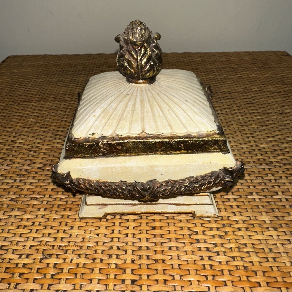Stone Jewlery Brass Flower Tinker Box 3” Beige Collectable Heavy Grandma Beauty